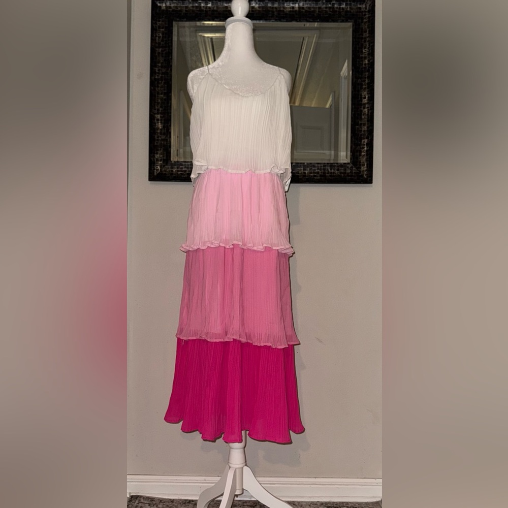 Boutique Pleat layer White to Pink Ombre Ladies Large Tier Midi Dress She & Sky